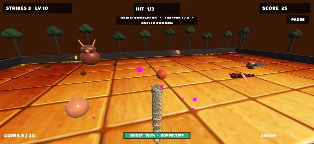 Echte LinQ-Spielaufnahme: Spielfigur trifft auf Gegner in 3D-Arena