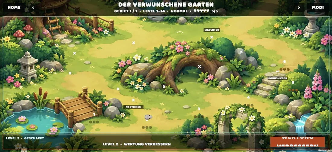 Echte LinQ-Spielaufnahme: Gartenwelt mit Fluss, Brücke und Levelanzeige