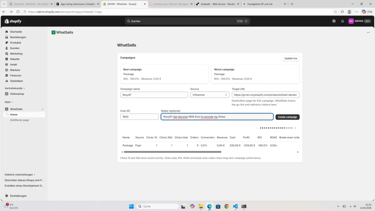 WhatSells in Shopify: Kampagnenformular und Kampagnenübersicht